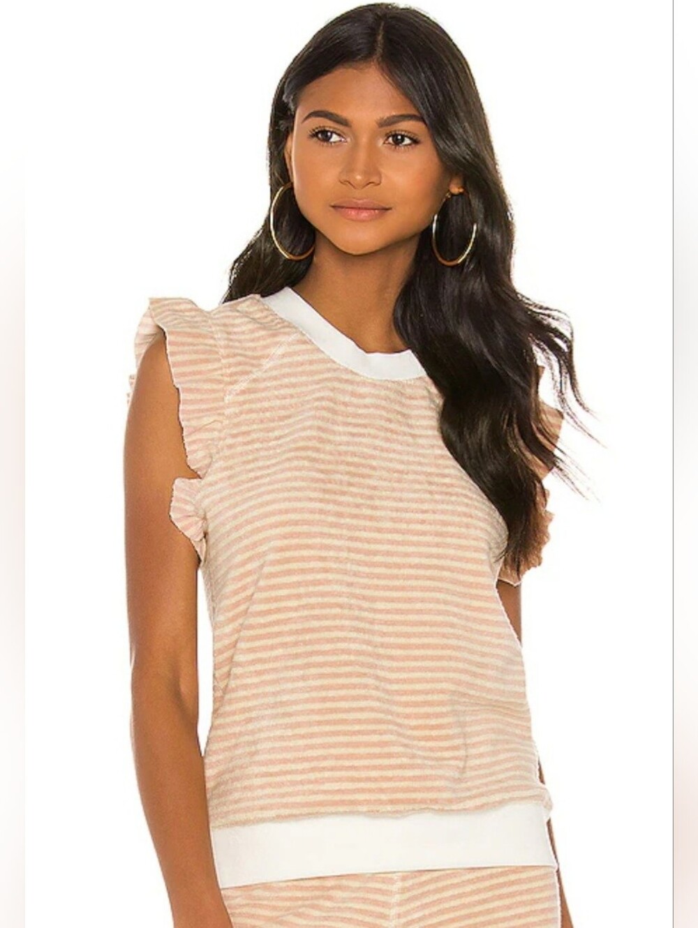 Studio David Lerner | Nude Stripe Ruffle Sleeve Knit Top, Size M
